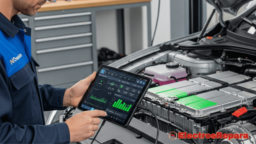Aunque no muestra directamente "vibraciones" o "tirones", esta imagen es crucial para el aspecto de "Diagnóstico" y "Soluciones" en un "Coche Eléctrico". Representa el proceso de identificar y resolver los problemas que causan las vibraciones y tirones.