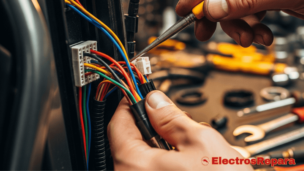Batería de bicicleta eléctrica conectada a un cargador, con el indicador de carga visible. Simboliza el mantenimiento de la batería y la importancia de una carga adecuada para evitar errores en e-bikes."