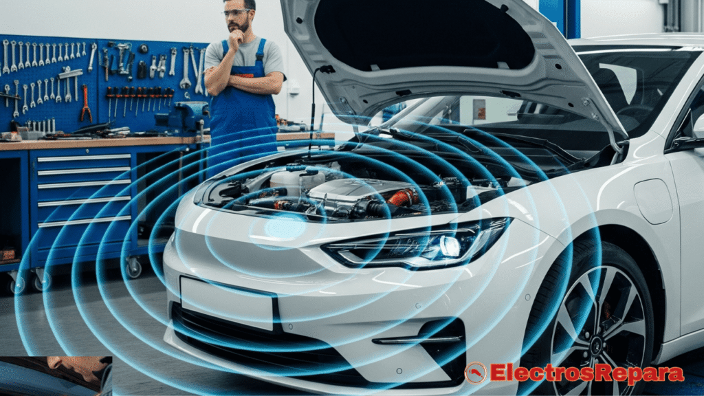 Esta imagen representa directamente las "Vibraciones" en un "Coche Eléctrico". Muestra un vehículo eléctrico con ondas de vibración visibles, sugiriendo el problema central del artículo.
