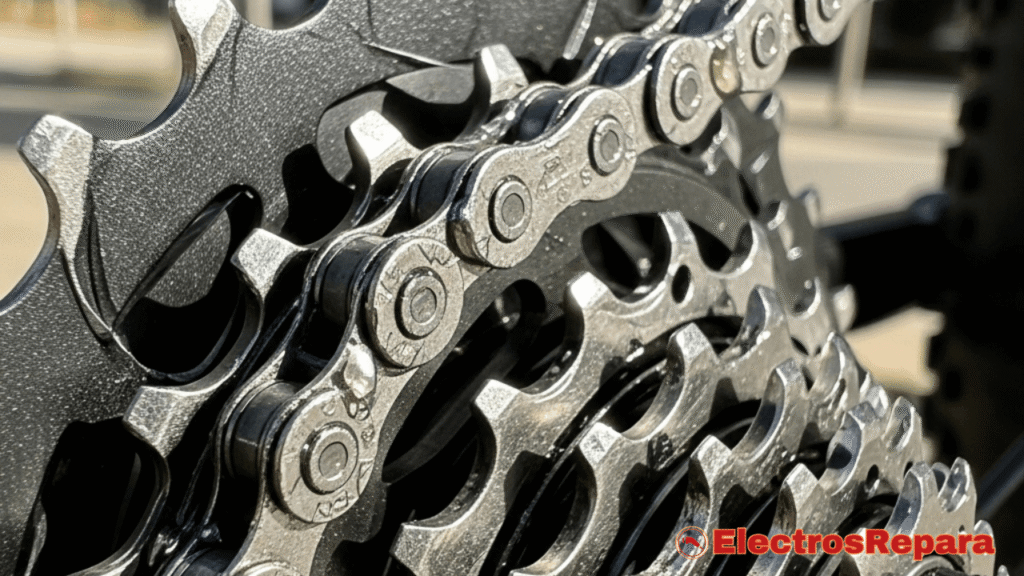 Una cadena de tu bicicleta eléctrica y un cassette limpios y recién lubricados, brillando bajo la luz del sol, resultado de una correcta lubricación de la cadena de tu bicicleta eléctrica. La cadena debe verse impecable, como nueva, destacando el resultado de un mantenimiento adecuado. Sharp focus, vibrant colors.