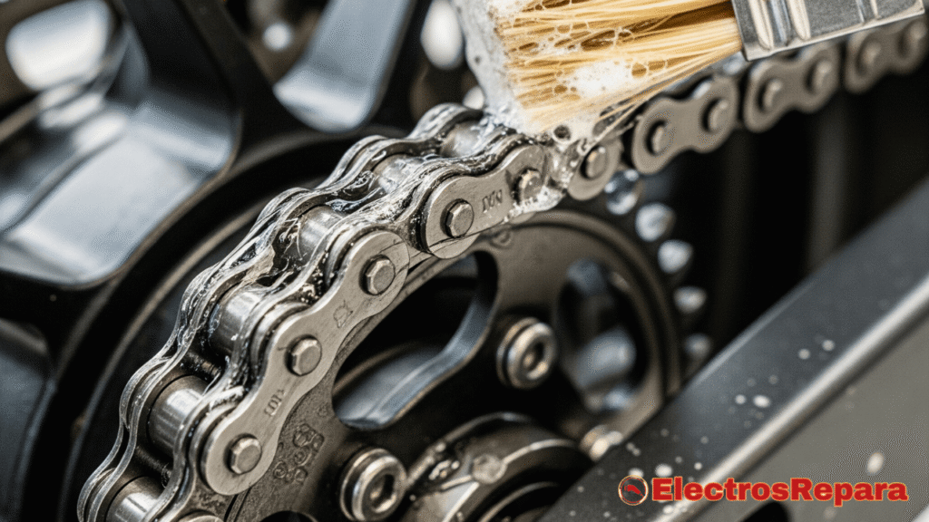 Una imagen que muestra de cerca la cadena de una moto eléctrica, con énfasis en la lubricación o limpieza de los eslabones.