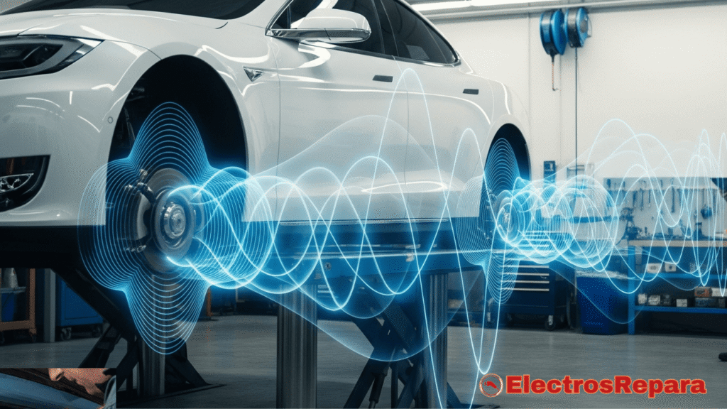 Esta imagen representa directamente las "Vibraciones" en un "Coche Eléctrico". Muestra un vehículo eléctrico con ondas de vibración visibles, sugiriendo el problema central del artículo.
