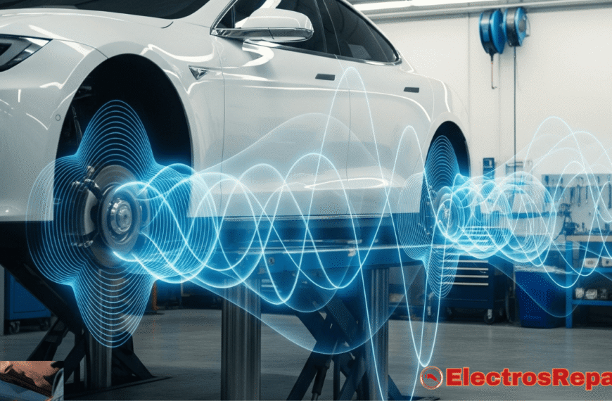 Esta imagen representa directamente las "Vibraciones" en un "Coche Eléctrico". Muestra un vehículo eléctrico con ondas de vibración visibles, sugiriendo el problema central del artículo.