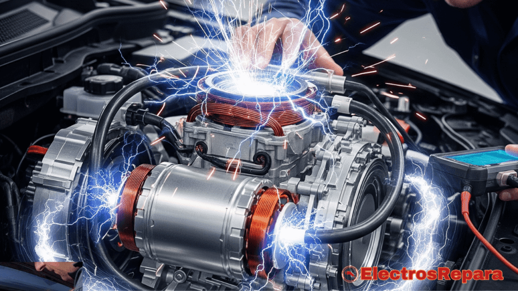 Esta imagen ilustra los "Tirones" que pueden ocurrir en el "Coche Eléctrico", específicamente en el motor. Los efectos visuales de chispas y energía distorsionada simbolizan un fallo o tirón en el sistema de propulsión.