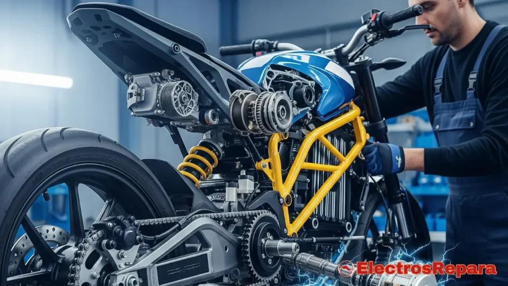un entorno de taller limpio y moderno. Alternativamente, una imagen que represente a un técnico o a un propietario realizando una inspección o un mantenimiento general a una motocicleta eléctrica, con un enfoque en la transmisión.