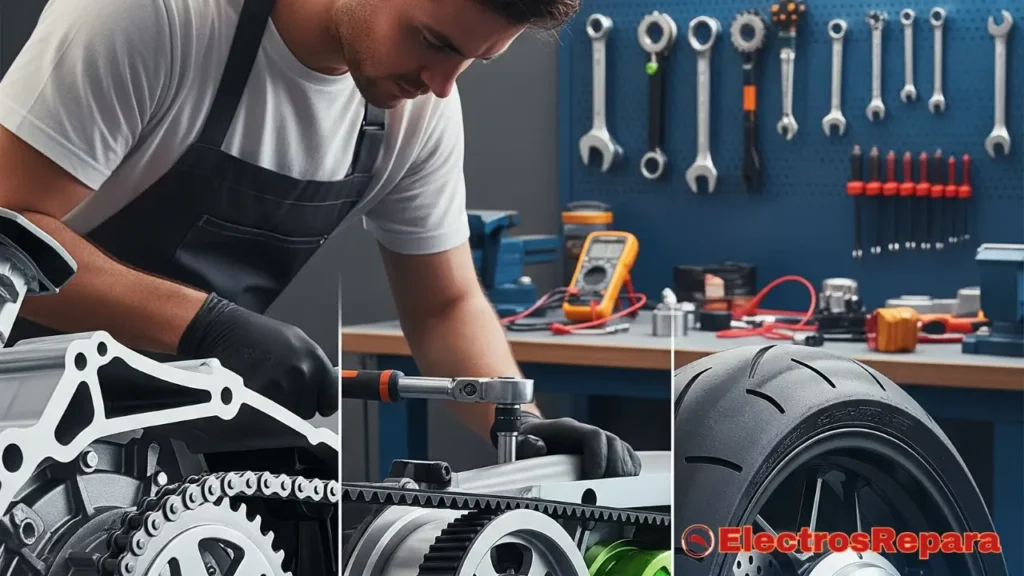 Una imagen que capture la esencia del mantenimiento preventivo en motocicletas eléctricas. Podría ser una composición que muestre, de forma sutil o integrada, elementos de los tres tipos de transmisión (cadena, correa y motor de cubo) en un entorno de taller limpio y moderno. Alternativamente, una imagen que represente a un técnico o a un propietario realizando una inspección o un mantenimiento general a una motocicleta eléctrica, con un enfoque en la transmisión. Los colores deben ser vibrantes y transmitir una sensación de eficiencia y tecnología. Podría incluir herramientas o componentes que simbolicen el cuidado y la durabilidad.
