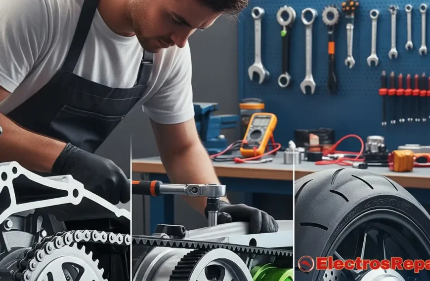 Una imagen que capture la esencia del mantenimiento preventivo en motocicletas eléctricas. Podría ser una composición que muestre, de forma sutil o integrada, elementos de los tres tipos de transmisión (cadena, correa y motor de cubo) en un entorno de taller limpio y moderno. Alternativamente, una imagen que represente a un técnico o a un propietario realizando una inspección o un mantenimiento general a una motocicleta eléctrica, con un enfoque en la transmisión. Los colores deben ser vibrantes y transmitir una sensación de eficiencia y tecnología. Podría incluir herramientas o componentes que simbolicen el cuidado y la durabilidad.