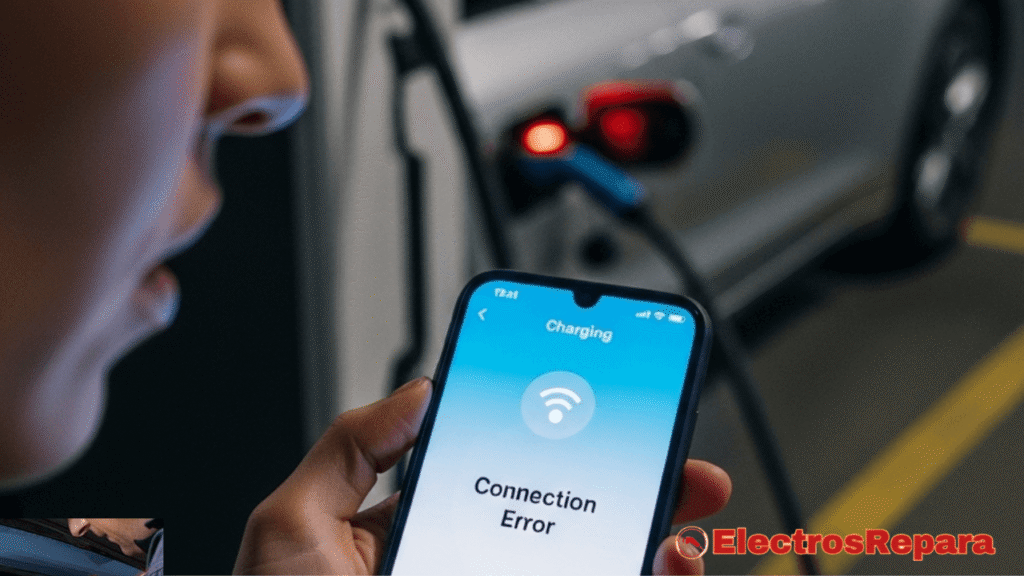 Frustración con las apps de coches eléctricos: un usuario lidiando con un error de conexión mientras su vehículo carga