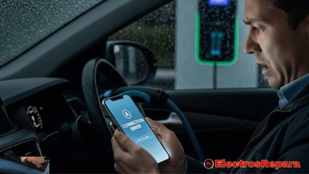 Frustración con las apps de coches eléctricos: un usuario lidiando con un error de conexión mientras su vehículo carga