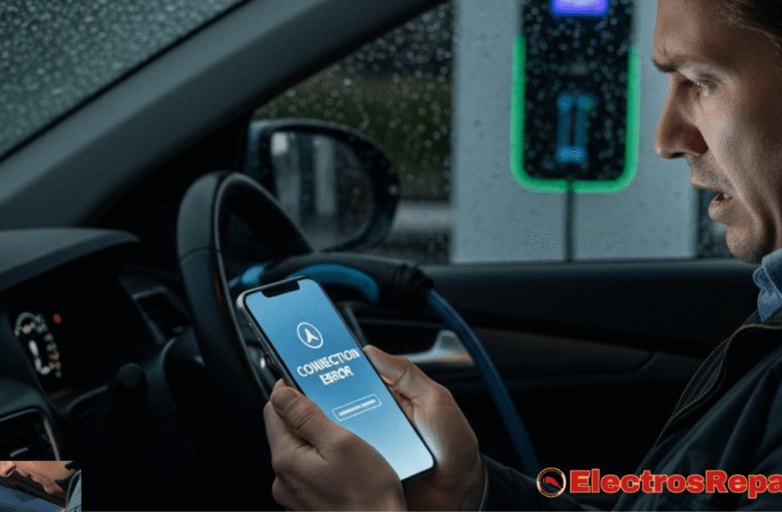 Frustración con las apps de coches eléctricos: un usuario lidiando con un error de conexión mientras su vehículo carga