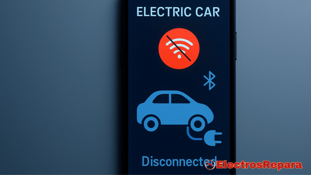 Problemas de conectividad en las apps de coches eléctricos: un smartphone muestra un error de red y Bluetooth."