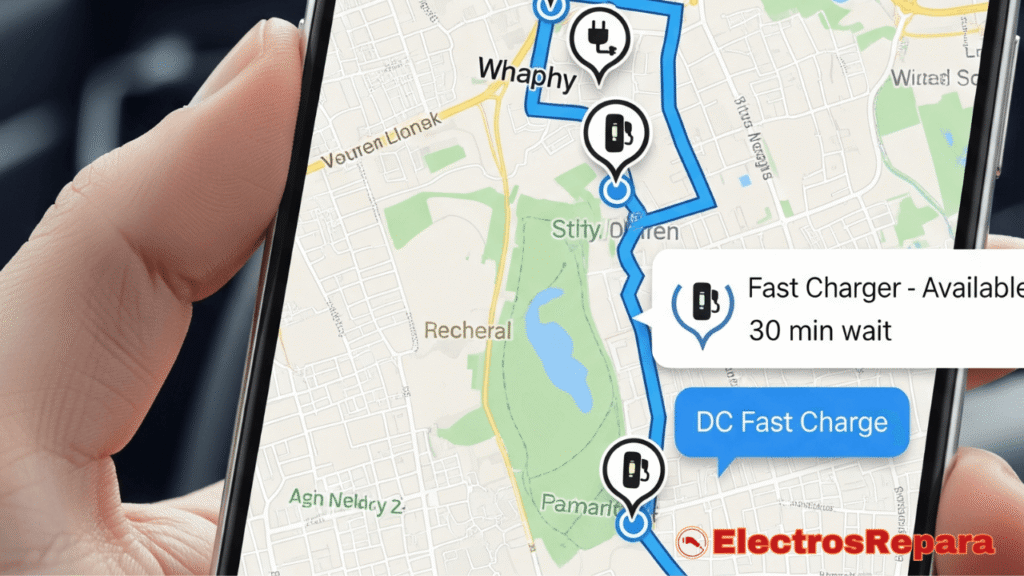 Planificación eficiente con apps de coches eléctricos: un mapa detallado muestra una ruta optimizada con puntos de recarga