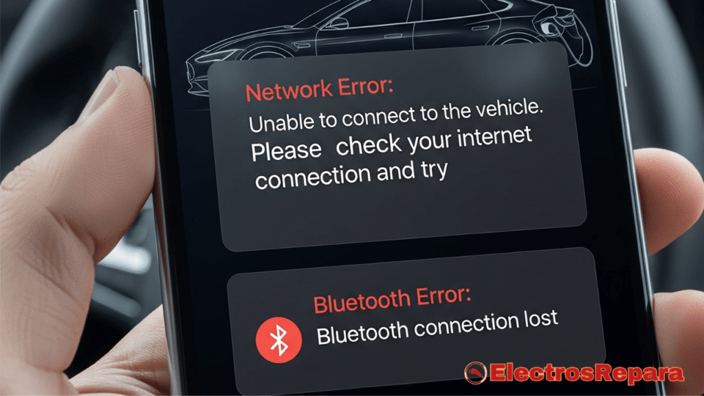 Problemas de conectividad en las apps de coches eléctricos: un smartphone muestra un error de red y Bluetooth.
