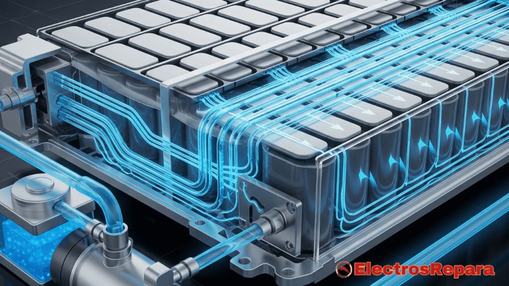 Ilustración de un sistema de refrigeración líquida de batería de vehículo eléctrico, mostrando el flujo del refrigerante a través de los canales de la batería, con un aspecto moderno y tecnológico.