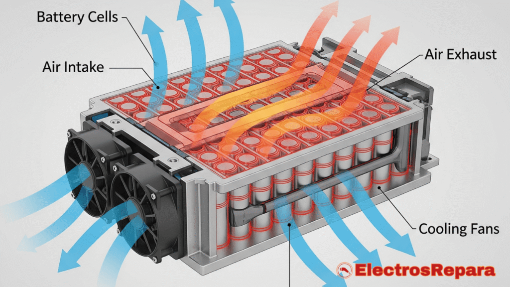 Ilustración de un sistema de refrigeración por aire de batería de vehículo eléctrico, ilustrando el flujo de aire y los ventiladores disipando el calor de las celdas de la batería.