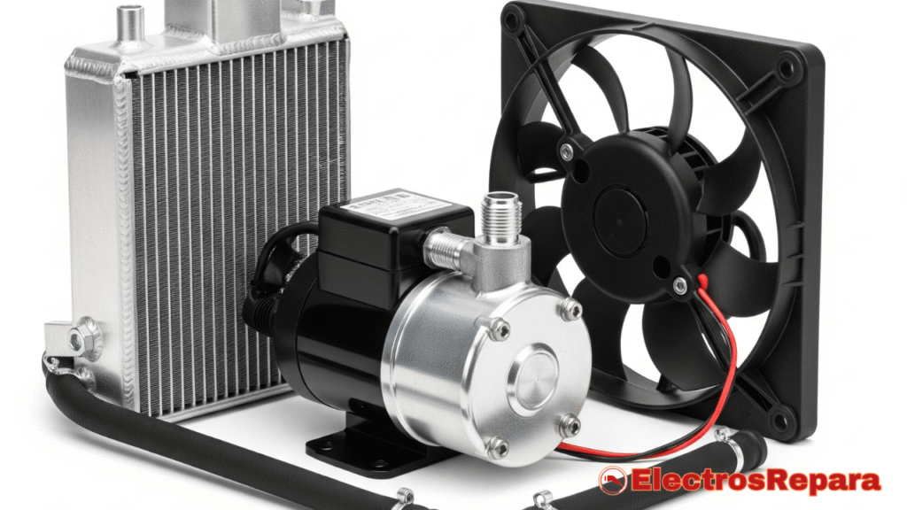  Una colección de componentes clave de un sistema de refrigeración de batería de vehículo eléctrico, incluyendo una bomba de refrigerante, un radiador y un ventilador, sobre un fondo limpio.
