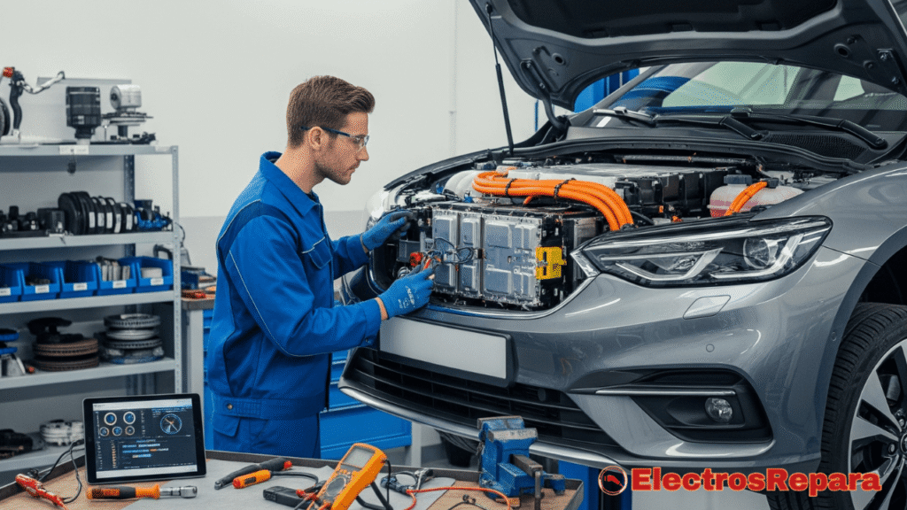 Un coche eléctrico siendo revisado por un técnico en un taller, con herramientas y componentes visibles, iluminación brillante y profesional.