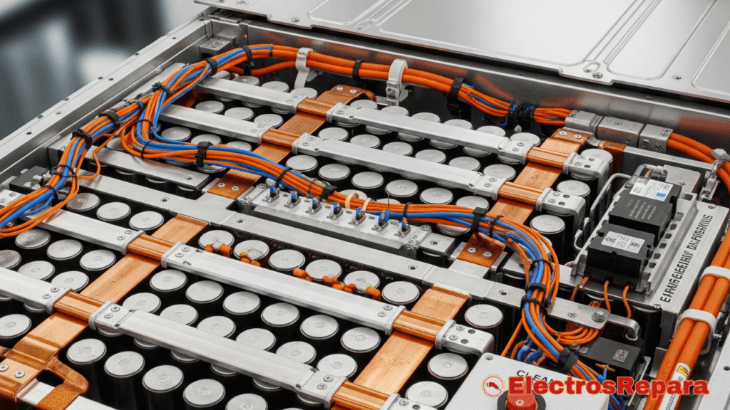 Primer plano de la batería de un coche eléctrico, mostrando los componentes y conexiones, con un enfoque en la tecnología y la seguridad.