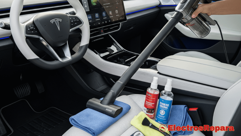  Interior de un coche eléctrico siendo limpiado con aspiradora y productos de detailing, mostrando un aspecto impecable y moderno.