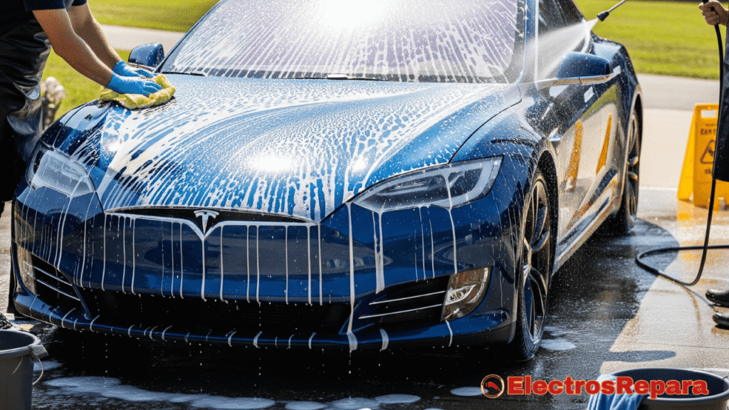 Un coche eléctrico siendo lavado a mano con espuma y agua, mostrando un acabado brillante y sin manchas, con un enfoque en la seguridad y el cuidado de la pintura.