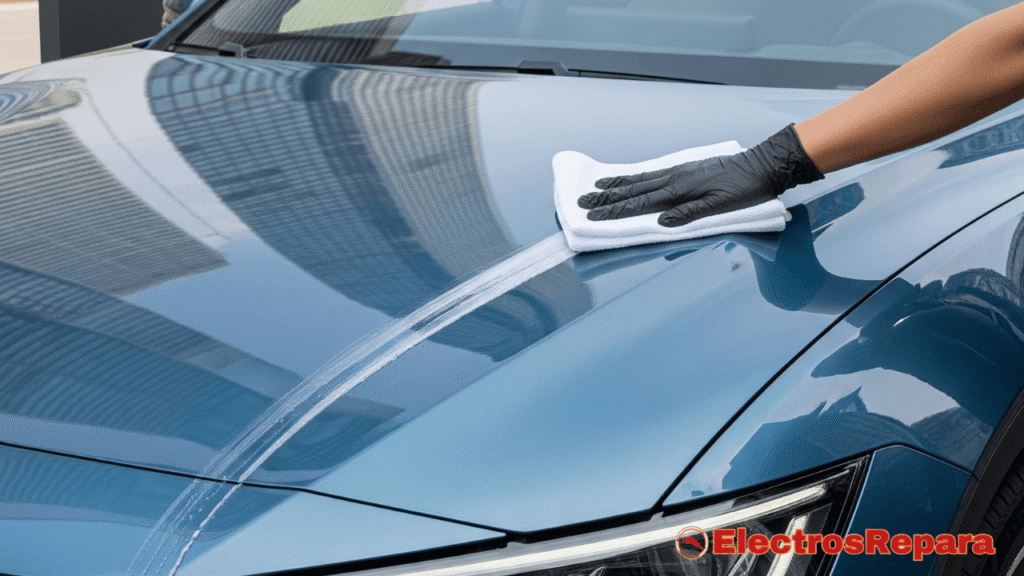 Un coche eléctrico moderno y brillante, con un reflejo sutil de un paisaje urbano o natural, transmitiendo una sensación de limpieza, tecnología y sostenibilidad. Puede incluir elementos que sugieran tanto el mantenimiento (una mano con un paño de microfibra) como la limpieza (gotas de agua resbalando por la carrocería).
