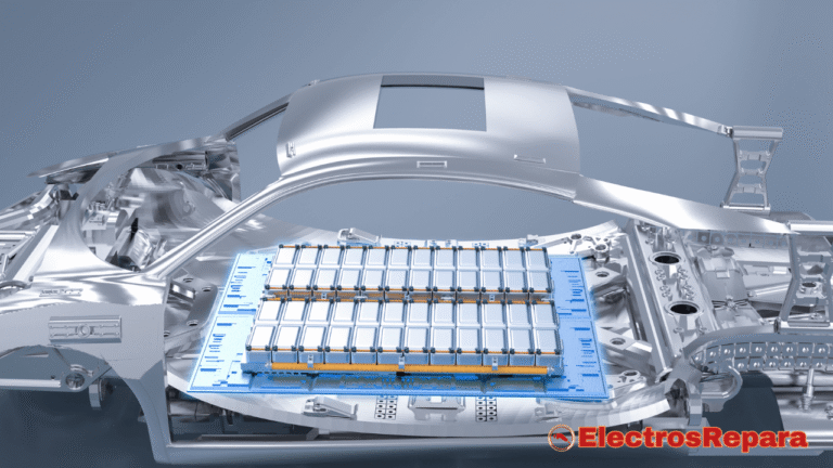 Esta imagen muestra el chasis de un vehículo eléctrico con una batería rectangular de gran tamaño en su base. La batería es un componente destacado, compuesto por múltiples módulos. La ilustración destaca una placa de circuito central, que se puede identificar como el BMS (El cerebro de tu vehículo eléctrico), ya que controla y gestiona el flujo de energía hacia y desde los módulos de la batería. Este diseño integrado demuestra cómo la batería, con su crucial BMS (El cerebro de tu vehículo eléctrico), es una parte esencial y estructural del vehículo.