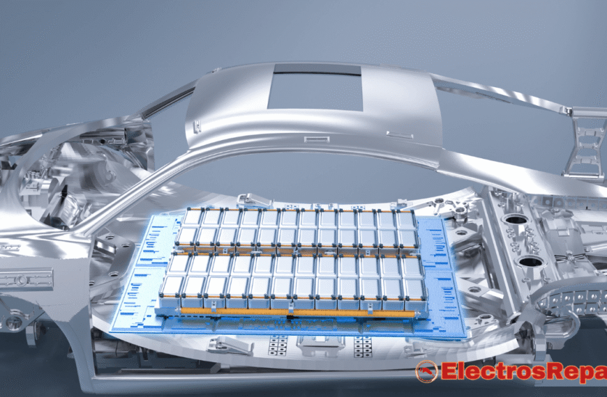 Esta imagen muestra el chasis de un vehículo eléctrico con una batería rectangular de gran tamaño en su base. La batería es un componente destacado, compuesto por múltiples módulos. La ilustración destaca una placa de circuito central, que se puede identificar como el BMS (El cerebro de tu vehículo eléctrico), ya que controla y gestiona el flujo de energía hacia y desde los módulos de la batería. Este diseño integrado demuestra cómo la batería, con su crucial BMS (El cerebro de tu vehículo eléctrico), es una parte esencial y estructural del vehículo.