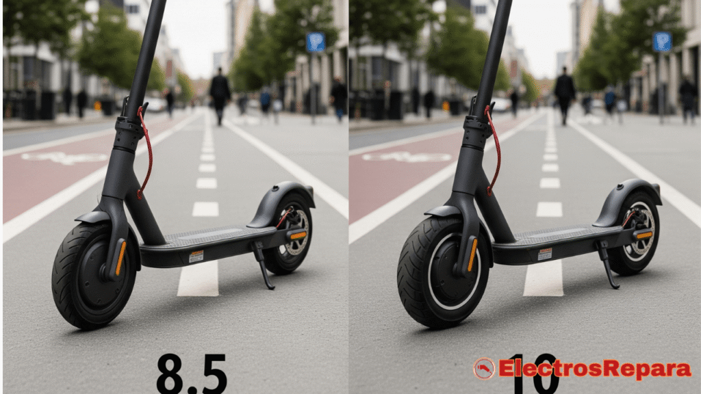 Una imagen comparativa que muestra dos patinetes eléctricos uno al lado del otro, o dos ruedas solas para enfatizar la diferencia. Un patinete tiene las ruedas estándar de 8.5 pulgadas y el otro tiene unas ruedas notablemente más grandes de 10 pulgadas. La perspectiva debe hacer que la diferencia de tamaño sea obvia e impactante. El fondo puede ser un entorno urbano o un taller limpio.