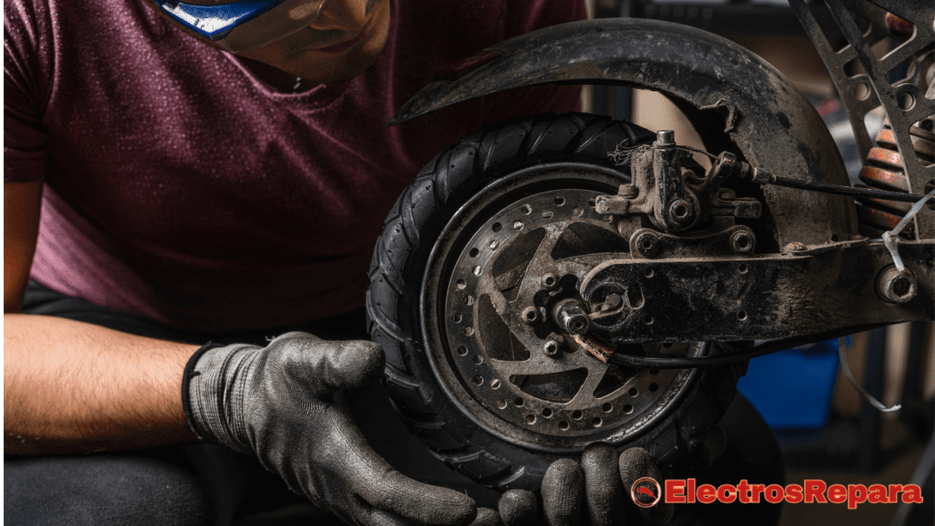 La imagen muestra un primer plano detallado de la rueda trasera de un patinete eléctrico que está siendo reparado o revisado. Una persona, que usa guantes de trabajo de color oscuro, sostiene la rueda con ambas manos. El patinete está sucio, lo que sugiere un uso frecuente o un mantenimiento. La rueda tiene un neumático con dibujo de banda de rodadura y un freno de disco perforado, que también está sucio. Se pueden ver componentes mecánicos como el guardabarros, el amortiguador (de color naranja) y el chasis del patinete. En la esquina inferior derecha, hay un logo en rojo y blanco con el texto "ElectrosRepara".