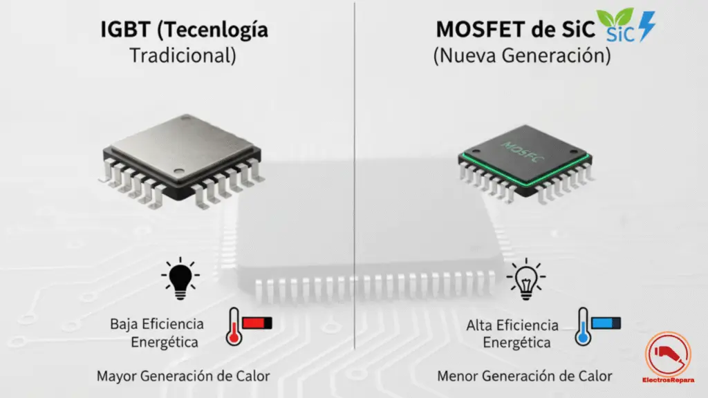 Infografía comparativa SiC vs IGBT en inversor coche eléctrico: mayor eficiencia, menor calor y densidad de potencia para autonomía optimizada en VE.