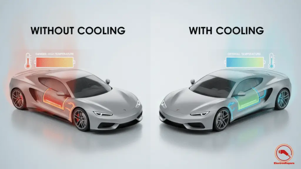 Un técnico especializado examinando el sistema de refrigeración de un coche eléctrico, enfatizando la importancia del mantenimiento regular para evitar problemas de sobrecalentamiento.