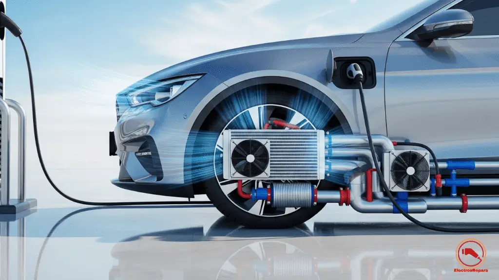 Un coche eléctrico en un entorno extremo, mostrando cómo el sistema de refrigeración mantiene la batería a temperaturas seguras, resaltando su importancia en climas cálidos o fríos.