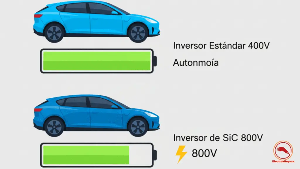 Gráfico de autonomía coche eléctrico: comparación inversor estándar 400V vs SiC 800V para mayor eficiencia energética y carga rápida en vehículos eléctricos
