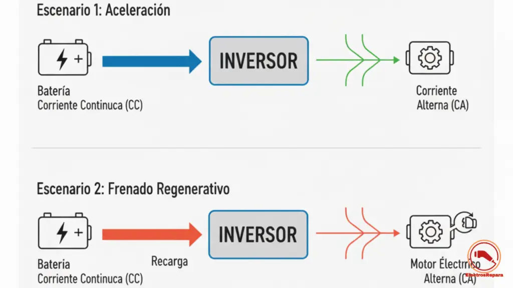 Diagrama del inversor coche eléctrico mostrando flujo de corriente continua (CC) a alterna (CA) en aceleración y frenado regenerativo para mayor eficiencia VE.