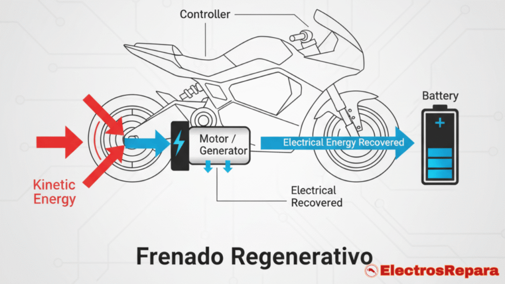 Diagrama de flujo de energía en frenado regenerativo para motos eléctricas: conversión de energía cinética a eléctrica, recuperando autonomía y eficiencia en batería y motor generador.