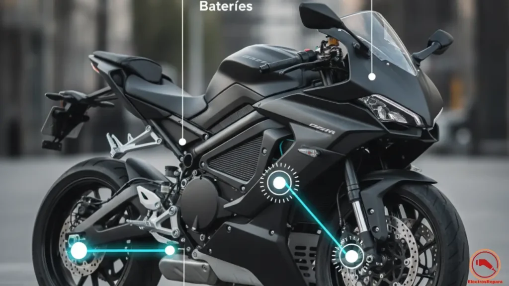 Fotografía de moto eléctrica con componentes destacados: motor, batería y frenos para frenado regenerativo, clave para mayor autonomía y mantenimiento eficiente en vehículos eléctricos.