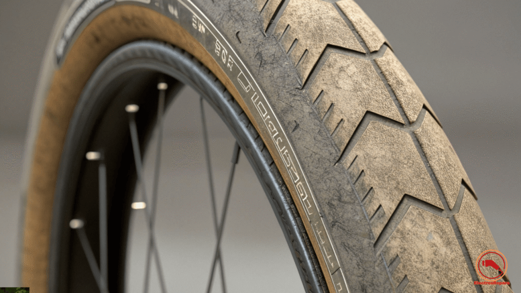 Primer plano de neumático desgastado en bicicleta eléctrica. Se observan las ranuras de la banda de rodadura casi lisas, señal clara de desgaste. Imagen útil para artículos de mantenimiento y seguridad en e-bikes