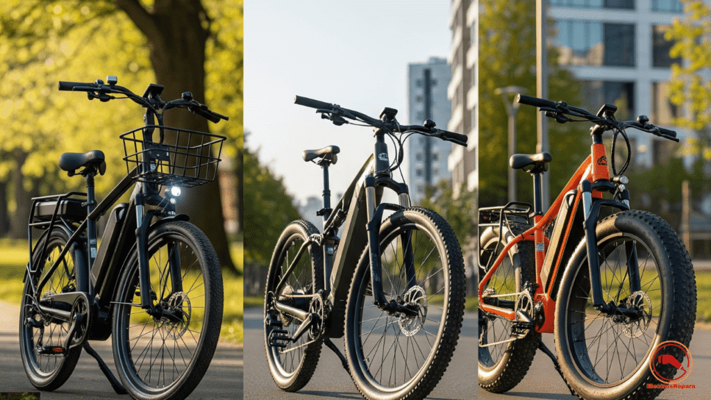 Comparación de tipos de neumáticos para bicicletas eléctricas: urbanos, de montaña y fat tires. Imagen representativa para guías sobre elección de neumáticos para e-bikes