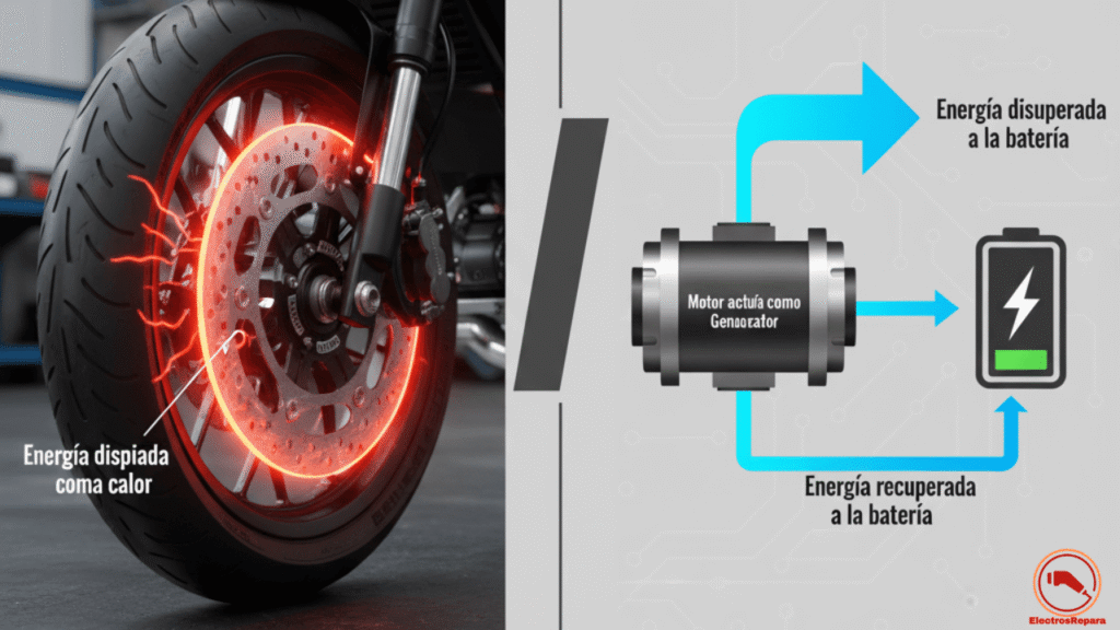 Comparativa visual de frenado convencional vs regenerativo en motos eléctricas: disipación de calor vs recuperación de energía para mayor eficiencia, autonomía y menor desgaste de frenos.