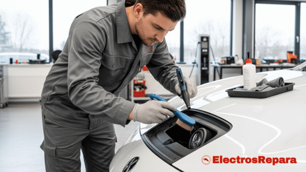 Mecánico profesional limpiando cuidadosamente un sensor de radar o cámara en la parte delantera de un coche eléctrico, con herramientas de limpieza específicas. Ambiente de taller moderno, iluminación clara, enfoque en la acción de limpieza.