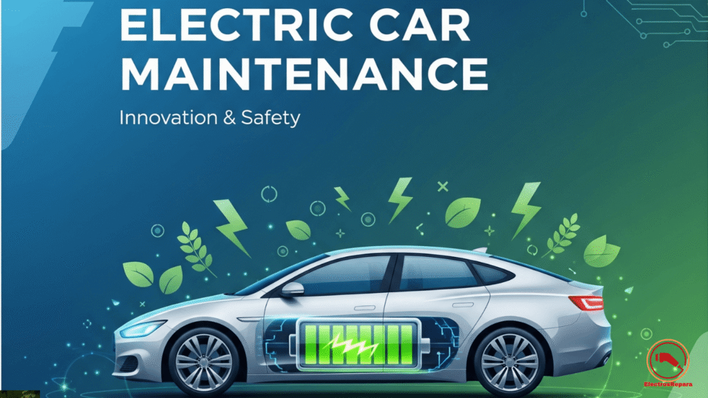 Portada ilustrativa sobre mantenimiento de coche eléctrico con diseño moderno y elementos de energía limpia.