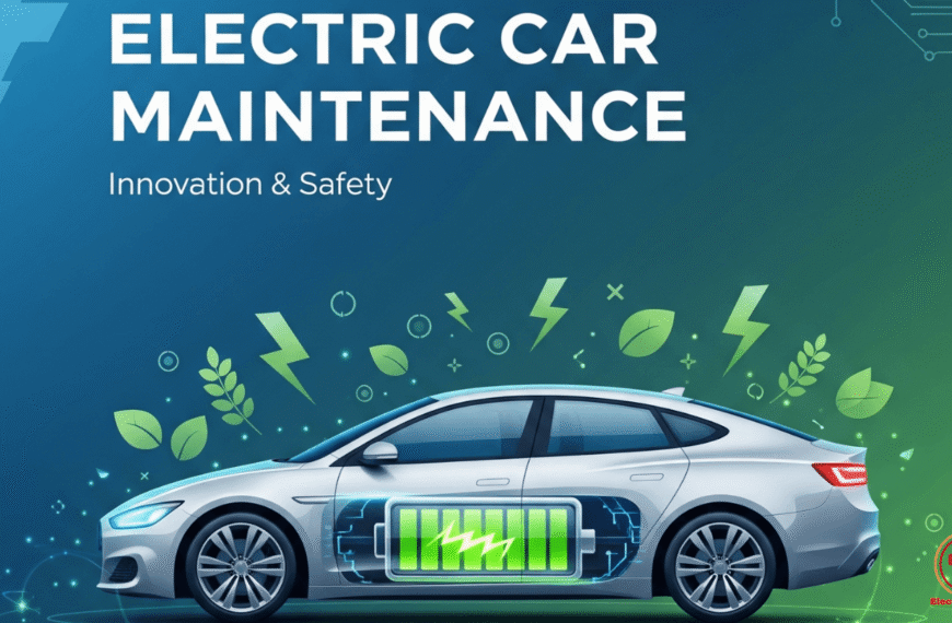 Portada ilustrativa sobre mantenimiento de coche eléctrico con diseño moderno y elementos de energía limpia.