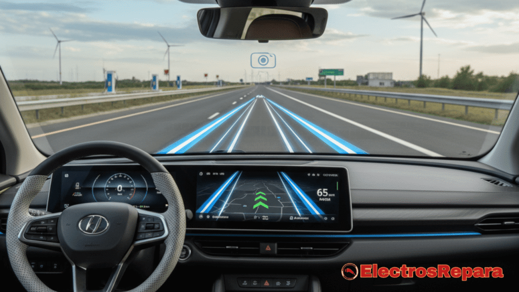 Interior de un coche eléctrico, vista desde el asiento del conductor, mostrando el parabrisas con una cámara de asistente de mantenimiento de carril (LKA) y las líneas de carril proyectadas en la pantalla del salpicadero o head-up display. Estilo fotorrealista, enfoque en la tecnología.