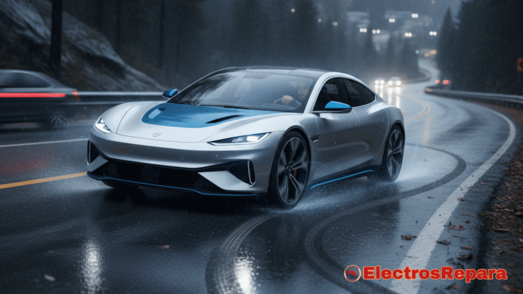 Coche eléctrico en una carretera mojada o resbaladiza, con el sistema de control electrónico de estabilidad (ESC) activo, mostrando sutilmente las huellas de los neumáticos corrigiendo la trayectoria. Estilo fotorrealista, con un toque dinámico.