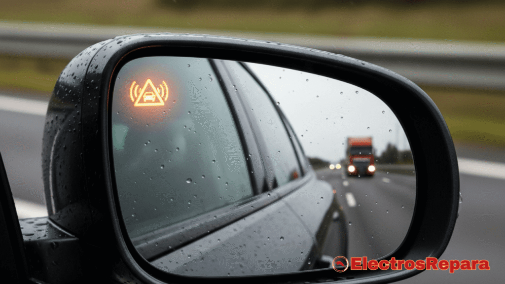 Espejo lateral de un coche eléctrico con una luz de advertencia del sistema de detección de punto ciego (BSD) encendida, indicando la presencia de otro vehículo en el ángulo muerto. Estilo fotorrealista, enfoque en el detalle del espejo y la advertencia.