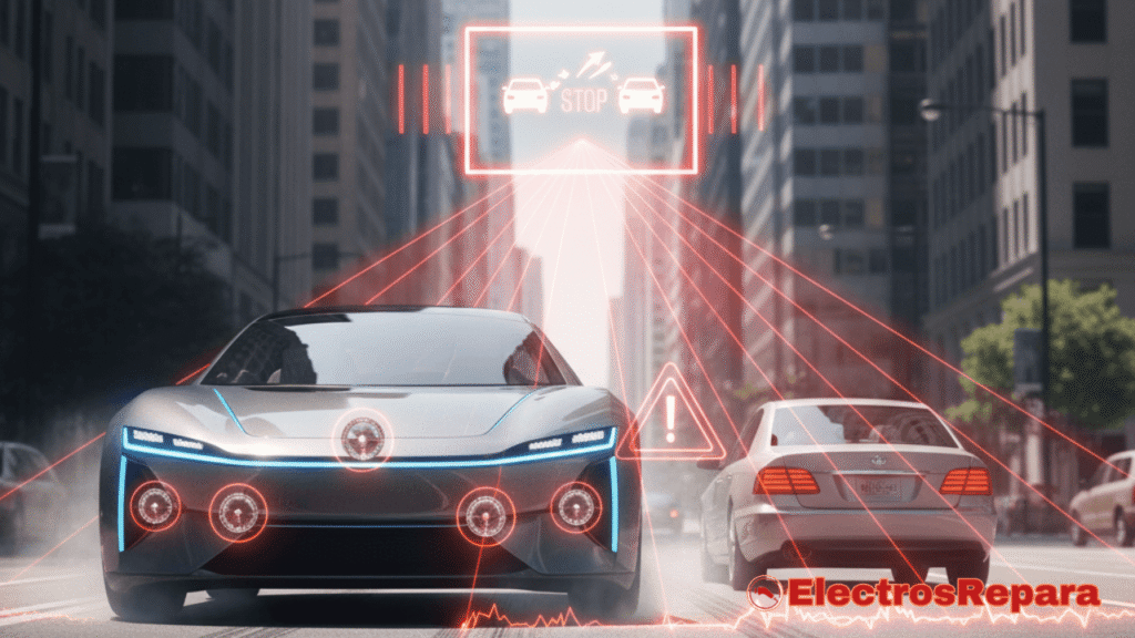 Coche eléctrico moderno con sensores de frenado autónomo de emergencia (AEB) resaltados, mostrando una situación de riesgo de colisión frontal con otro vehículo, con líneas de advertencia y un efecto de frenado. Estilo fotorrealista, iluminación diurna.