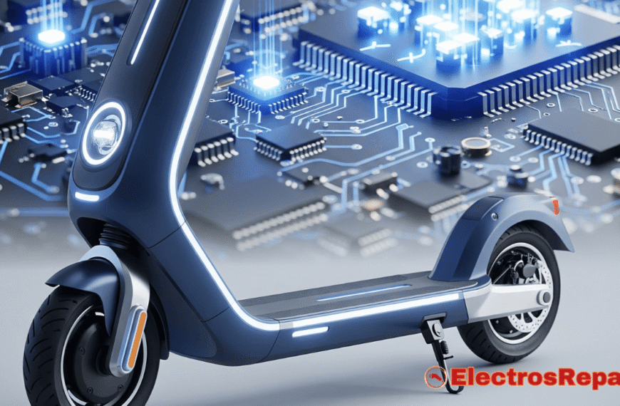 Un patinete eléctrico moderno y elegante, con un diseño futurista, en primer plano. Detrás, de forma sutil y desenfocada, se vislumbra un circuito electrónico complejo con destellos de luz, simbolizando la controladora patinete y el motor patinete
