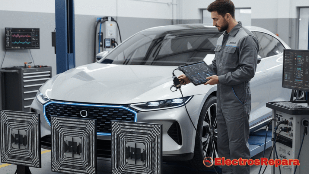Técnico especializado realizando una calibración de sistemas ADAS en un coche eléctrico, utilizando equipos de diagnóstico avanzados y paneles de calibración. Ambiente de taller, enfoque en la tecnología y la precisión.