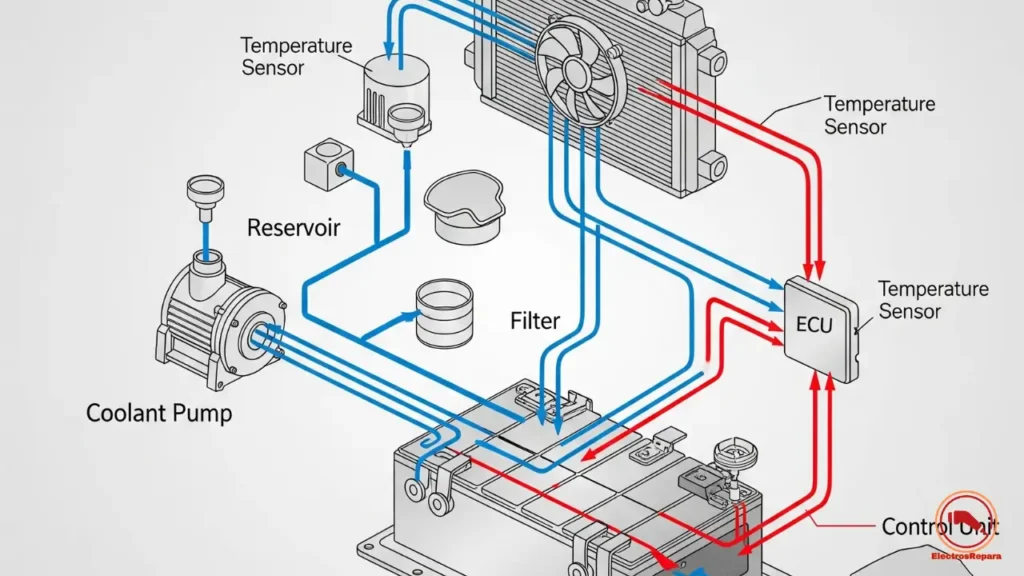 Un diagrama detallado que ilustra el sistema de refrigeración en coches eléctricos, mostrando cómo se gestionan las temperaturas para prolongar la vida útil de la batería.