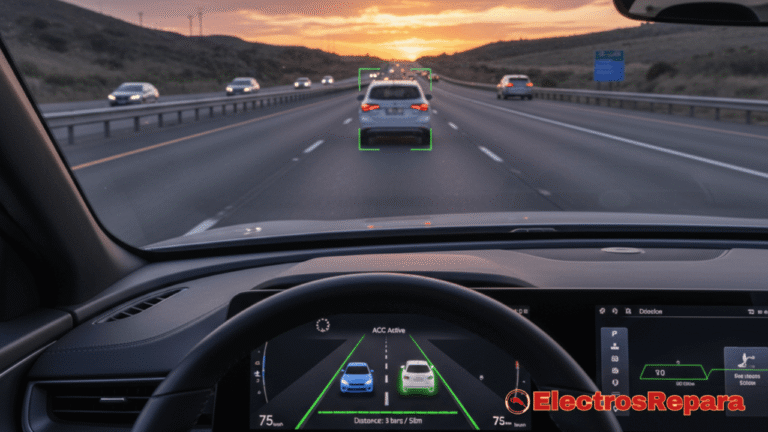 Vista frontal de un coche eléctrico en una autopista, con el control de crucero adaptativo (ACC) activo, mostrando la distancia segura con el vehículo de adelante mediante una interfaz gráfica en la pantalla del coche. Estilo fotorrealista, perspectiva de conducción.